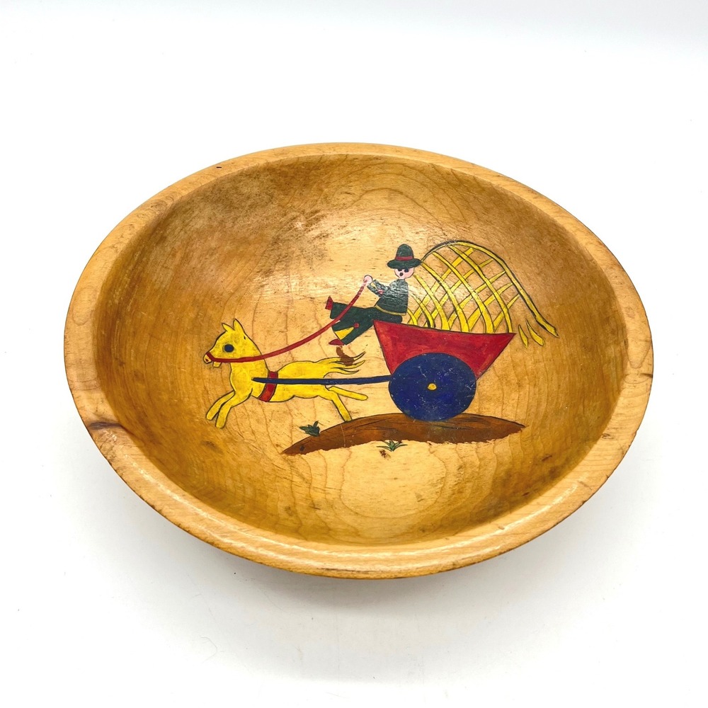 Vintage 44 Hand‎ Painted Wooden Folk Art Bowl Horse Drawn Hay Cart 9 Inch
